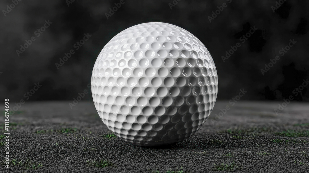 A detailed close-up of a pristine white golf ball on a dark textured surface, highlighting its dimples and design A detailed close-up of a pristine white golf ball on a dark textured surface, highlighting its dimples and design