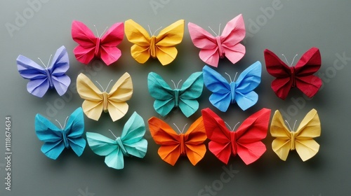 Colorful origami butterflies arranged on gray background.