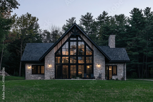 A modern farmhouse-style home with large black windows, set in the woods of Michigan at dusk. The house has dark grey shingle walls and roof, while its front facade is made from stone.