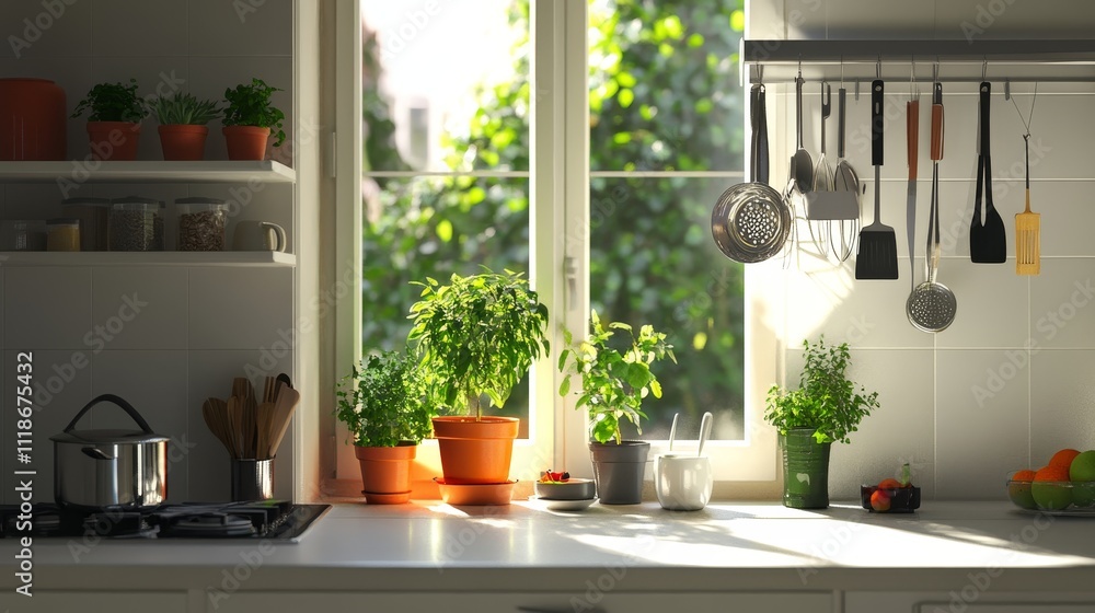 Bright kitchen with white counters, potted plant and hanging utensils. Bright kitchen with white counters, potted plant and hanging utensils.
