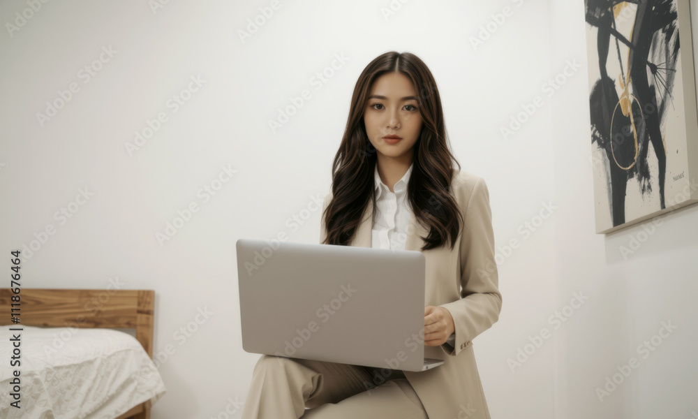 business woman in beige suit working on laptop in modern room, exuding professionalism and focus. minimalist decor enhances atmosphere business woman in beige suit working on laptop in modern room, exuding professionalism and focus. minimalist decor enhances atmosphere