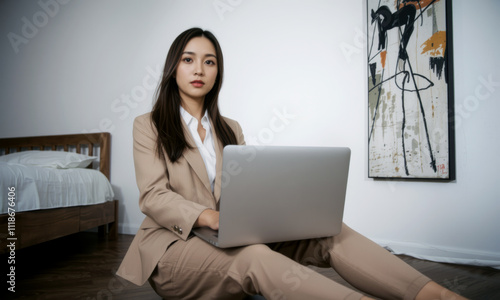 Business woman working on laptop in modern office setting, exuding professionalism and focus. minimalist background enhances contemporary atmosphere photo