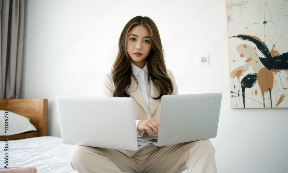 business woman in suit working on two laptops in modern setting, showcasing focus and professionalism. Her expression reflects determination and engagement business woman in suit working on two laptops in modern setting, showcasing focus and professionalism. Her expression reflects determination and engagement