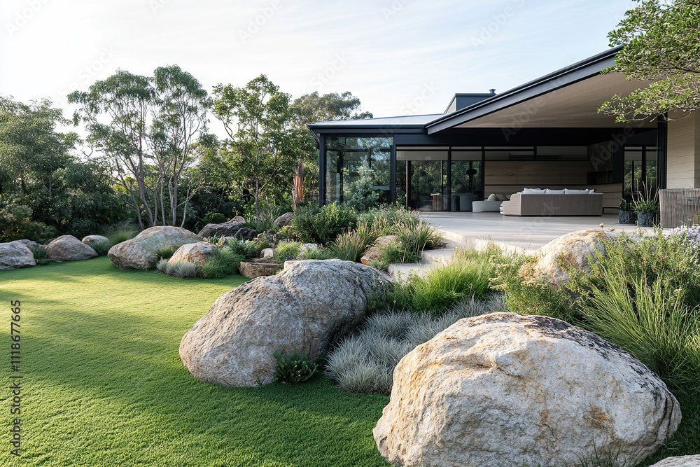 The front yard of an architectural home in Victorian Australia, with large rocks and native grasses on both sides of its wide walkway leading to its glass-walled entrance, green grass is underfoot. The front yard of an architectural home in Victorian Australia, with large rocks and native grasses on both sides of its wide walkway leading to its glass-walled entrance, green grass is underfoot.