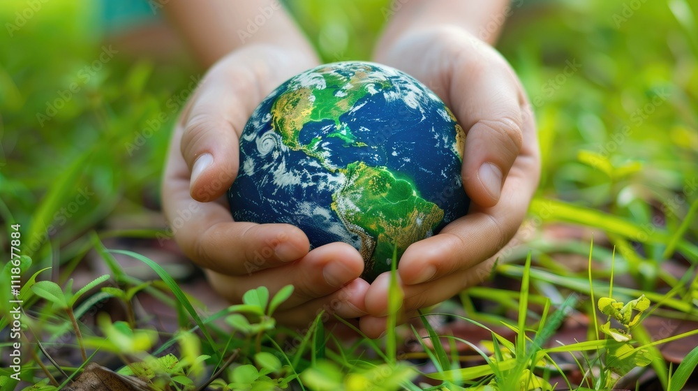 Holding the Earth in hand, on the grass Holding the Earth in hand, on the grass