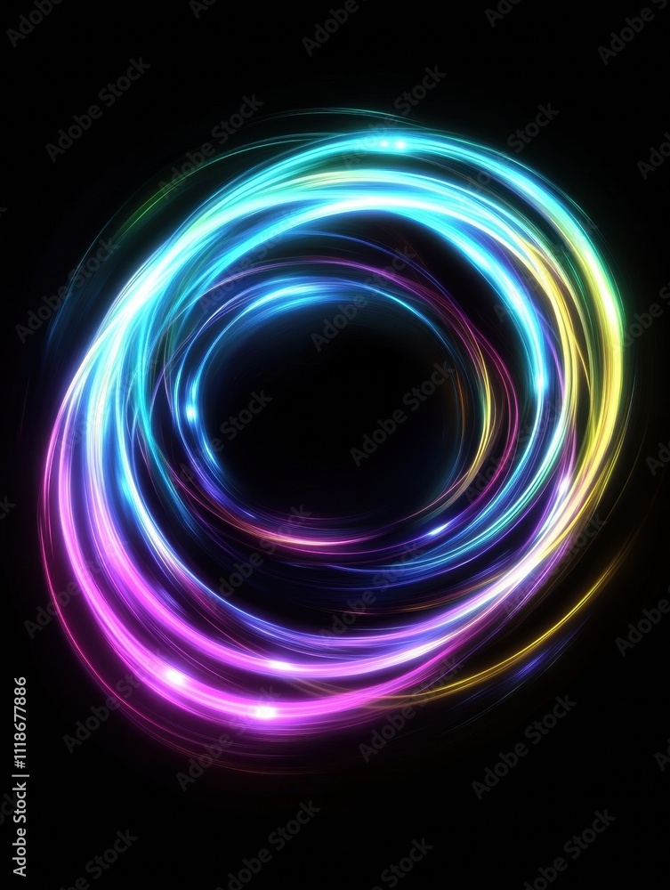An abstract display of glowing light spirals in vibrant neon tones offers a dynamic background perfect for text and design elements. Generative AI