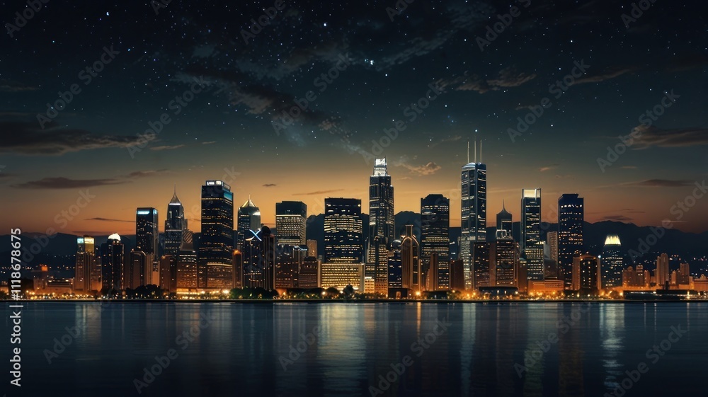 Fototapeta premium Night cityscape skyline with city lights reflecting on water under starry sky.