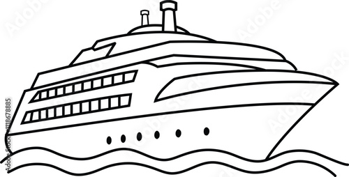 A detailed hand-drawn cruise ship line art illustration, showcasing intricate details and sleek design, perfect for travel and nautical-themed projects.