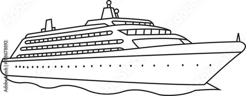 A detailed hand-drawn cruise ship line art illustration, showcasing intricate details and sleek design, perfect for travel and nautical-themed projects.