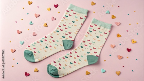 Two socks with a colorful heart pattern lie on a pink background, surrounded by small colorful hearts, creating a cheerful and romantic atmosphere