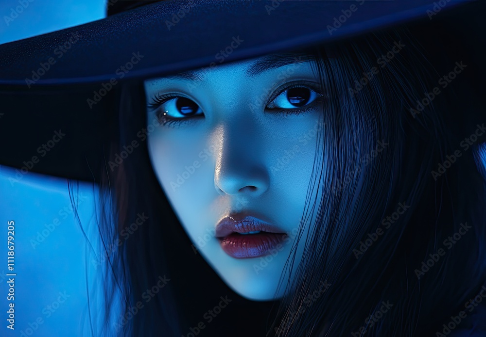 Enigmatic Beauty: Cinematic Portrait of a Mysterious Korean Woman in Blue Lighting Enigmatic Beauty: Cinematic Portrait of a Mysterious Korean Woman in Blue Lighting