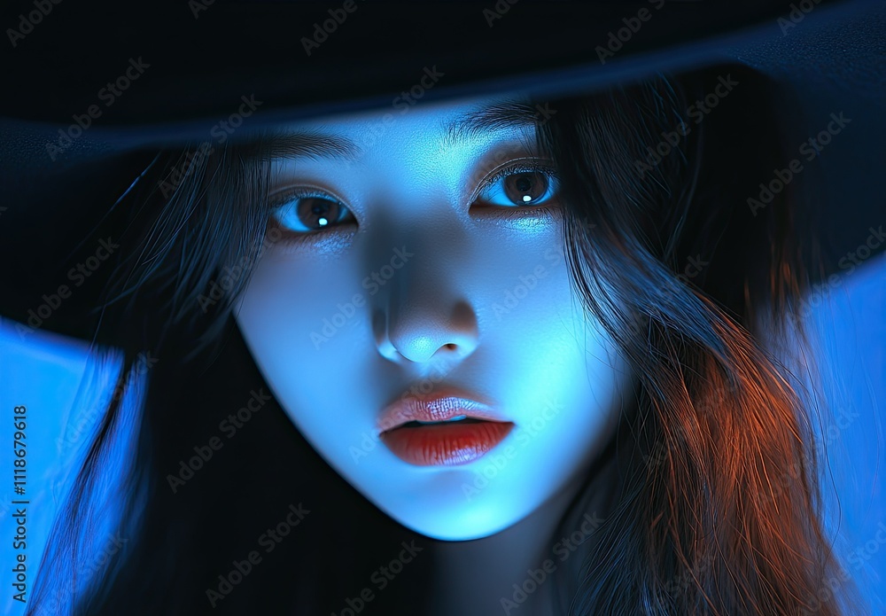 Enigmatic Beauty: Cinematic Portrait of a Mysterious Korean Woman in Blue Lighting Enigmatic Beauty: Cinematic Portrait of a Mysterious Korean Woman in Blue Lighting