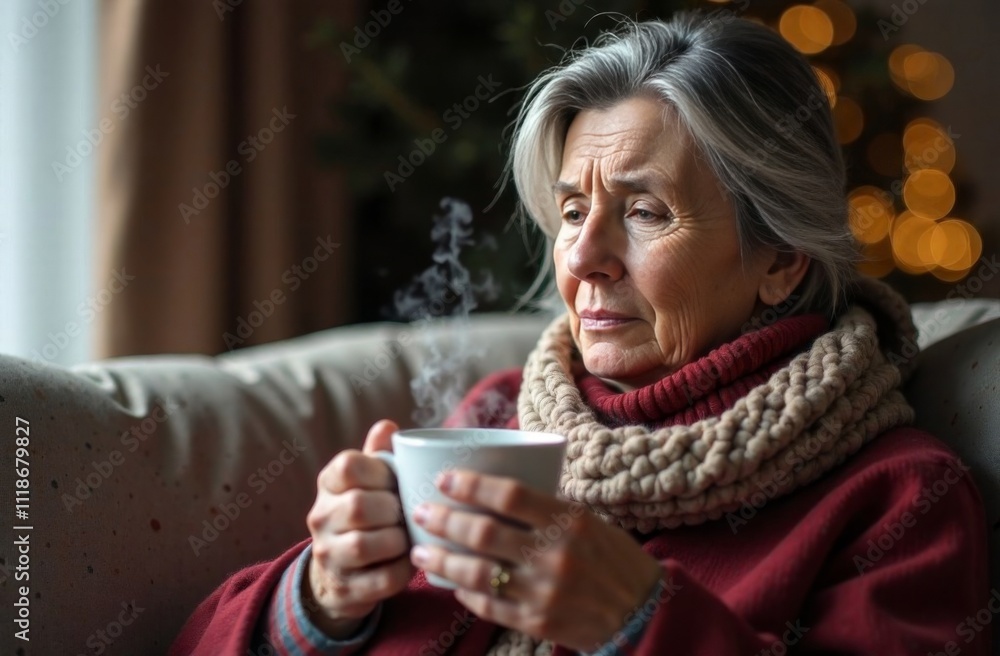 An adult woman with a cold and fever sits on the sofa, wrapped in a blanket with a scarf around her neck and drinks a hot drink with medicine An adult woman with a cold and fever sits on the sofa, wrapped in a blanket with a scarf around her neck and drinks a hot drink with medicine