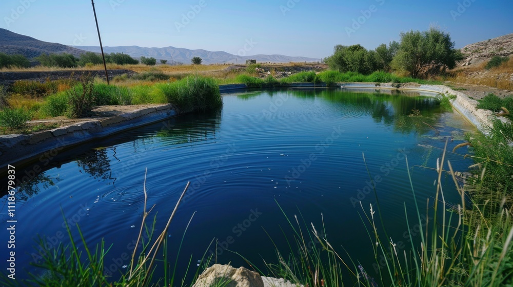Obraz premium A serene nature peatland with pools of dark water surrounded by lush grasses and mosses, the sky clear and blue above
