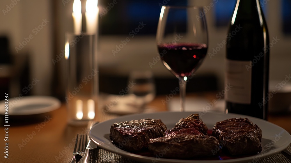 romantic dinner featuring steak, red wine, and candles on a cozy table setting. romantic dinner featuring steak, red wine, and candles on a cozy table setting.