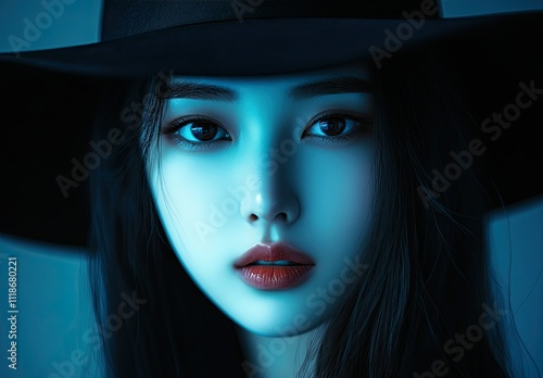 Enigmatic Beauty: Cinematic Portrait of a Mysterious Korean Woman in Blue Lighting