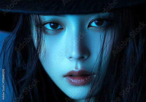 Enigmatic Beauty: Cinematic Portrait of a Mysterious Korean Woman in Blue Lighting