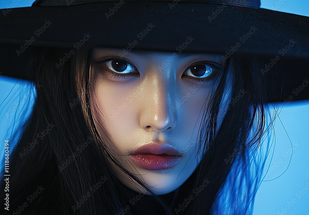 Enigmatic Beauty: Cinematic Portrait of a Mysterious Korean Woman in Blue Lighting Enigmatic Beauty: Cinematic Portrait of a Mysterious Korean Woman in Blue Lighting