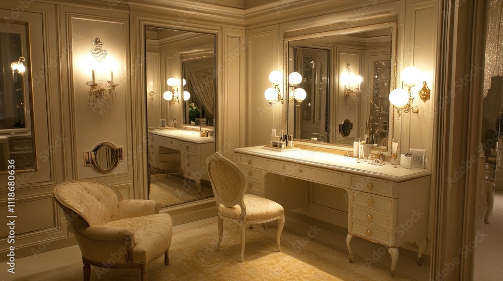 Elegant vanity area with a chair and large mirrors in a luxurious bedroom. Elegant vanity area with a chair and large mirrors in a luxurious bedroom.