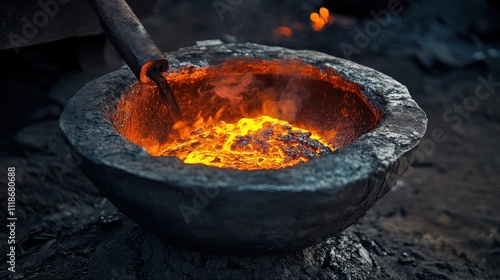 Molten metal glowing in a stone crucible.