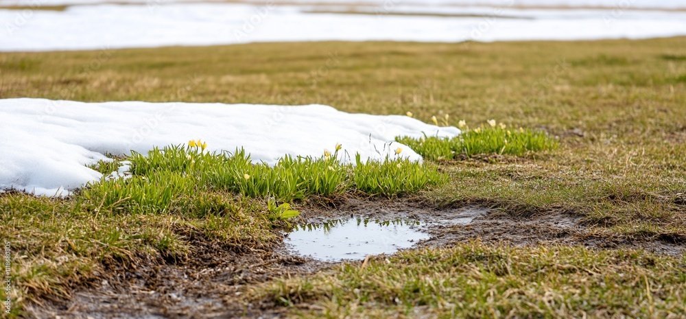A patch of grass with snow melting and water pooling nearby. A patch of grass with snow melting and water pooling nearby.
