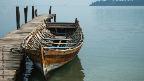 Old wooden boat moored at a weathered dock on a calm lake.