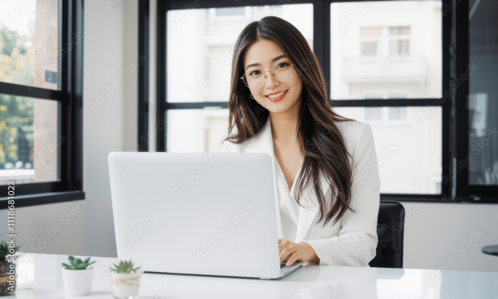 business woman sitting at table with laptop, smiling confidently in modern office setting. bright environment enhances her professional demeanor business woman sitting at table with laptop, smiling confidently in modern office setting. bright environment enhances her professional demeanor