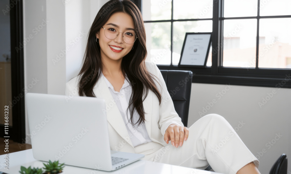 business woman sitting at table with laptop, smiling confidently in modern office setting. Her professional attire and relaxed pose convey sense of success and approachability business woman sitting at table with laptop, smiling confidently in modern office setting. Her professional attire and relaxed pose convey sense of success and approachability