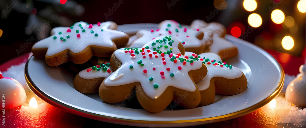 close up of gingerbread cookies decorated with icing and sprinkles on a festive plate close up of gingerbread cookies decorated with icing and sprinkles on a festive plate