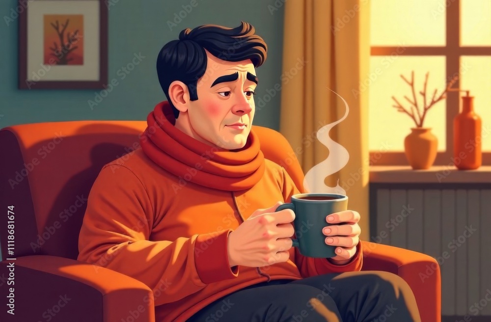 Adult man with cold and fever sitting on the sofa, wrapped in a blanket, with a scarf around his neck and drinking a hot drink with medicine Adult man with cold and fever sitting on the sofa, wrapped in a blanket, with a scarf around his neck and drinking a hot drink with medicine