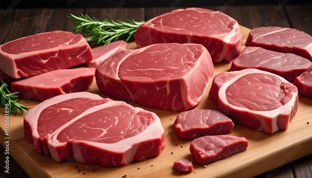 Various cuts of raw red meat on a wooden display, including steaks, chops, and other beef and pork products. The meats are arranged neatly on the wooden surface, with some herbs or spices visible in t Various cuts of raw red meat on a wooden display, including steaks, chops, and other beef and pork products. The meats are arranged neatly on the wooden surface, with some herbs or spices visible in t