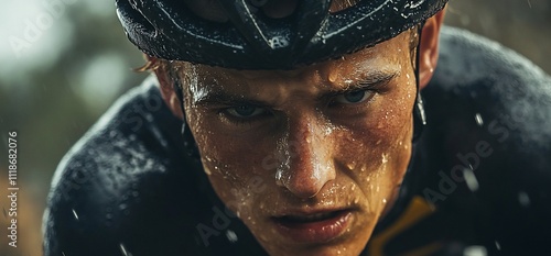 Close-up of a sweaty cyclist's determined face during a race, rain droplets visible. photo