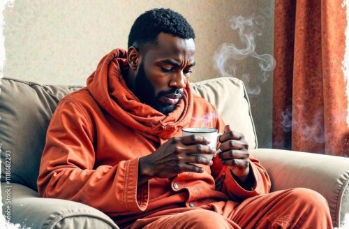 African adult man with a cold and fever sits on the sofa, wrapped in a blanket, with a scarf around his neck and drinks a hot drink with medicine