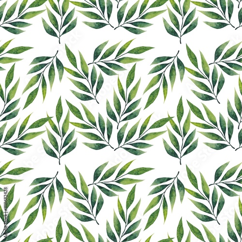 Seamless leaf pattern made in watercolor. A branch and leaves hand-picked on a white background. Floral illustration for design, print, fabric or background