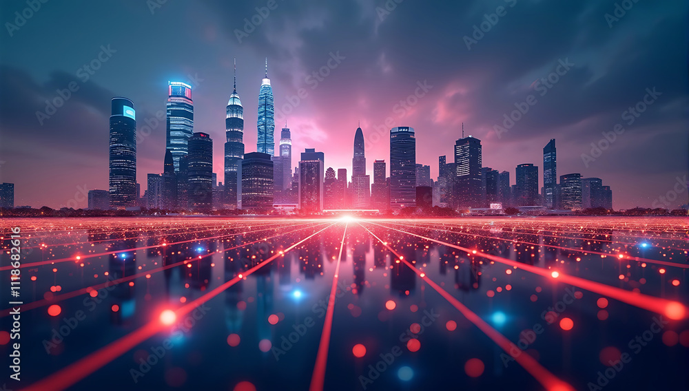 A vibrant urban skyline with a glowing digital grid overlay connecting buildings, representing smart city technology and seamless network connectivity A vibrant urban skyline with a glowing digital grid overlay connecting buildings, representing smart city technology and seamless network connectivity