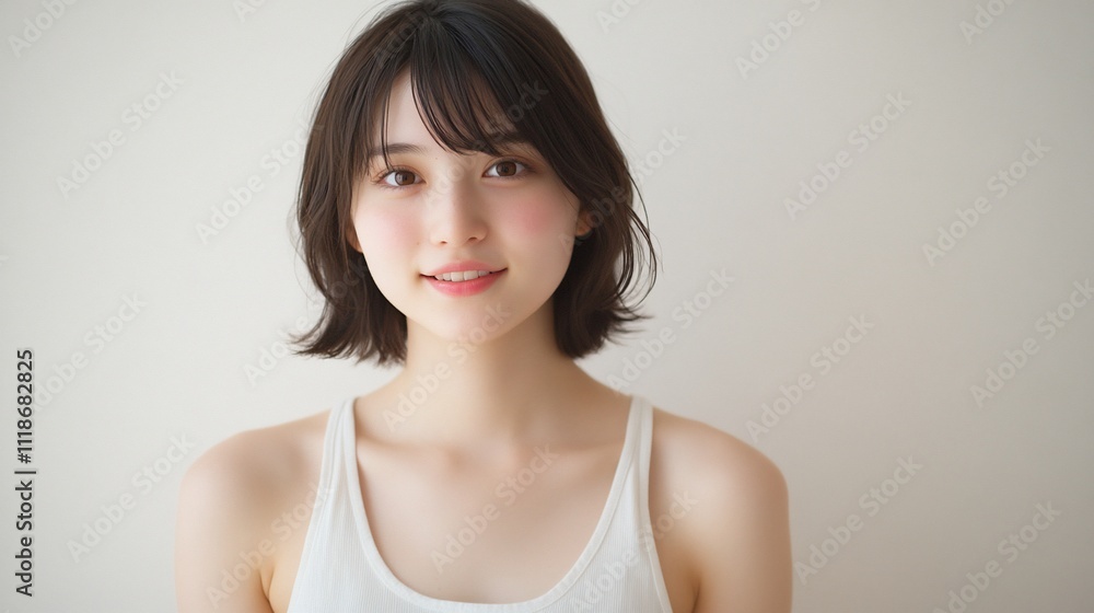A smiling woman in a white tank top against a neutral background. A smiling woman in a white tank top against a neutral background.