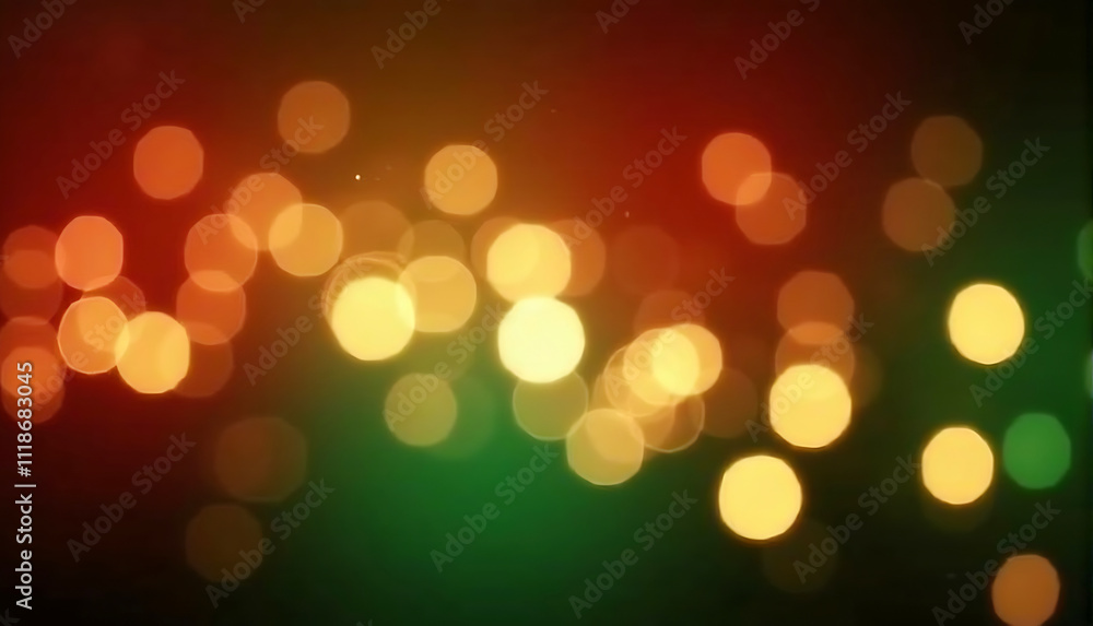 Fototapeta premium The abstract composition features vibrant bokeh lights in gold, red, and green, blurred against a dark background, creating a dreamy, layered effect with shimmering highlights.