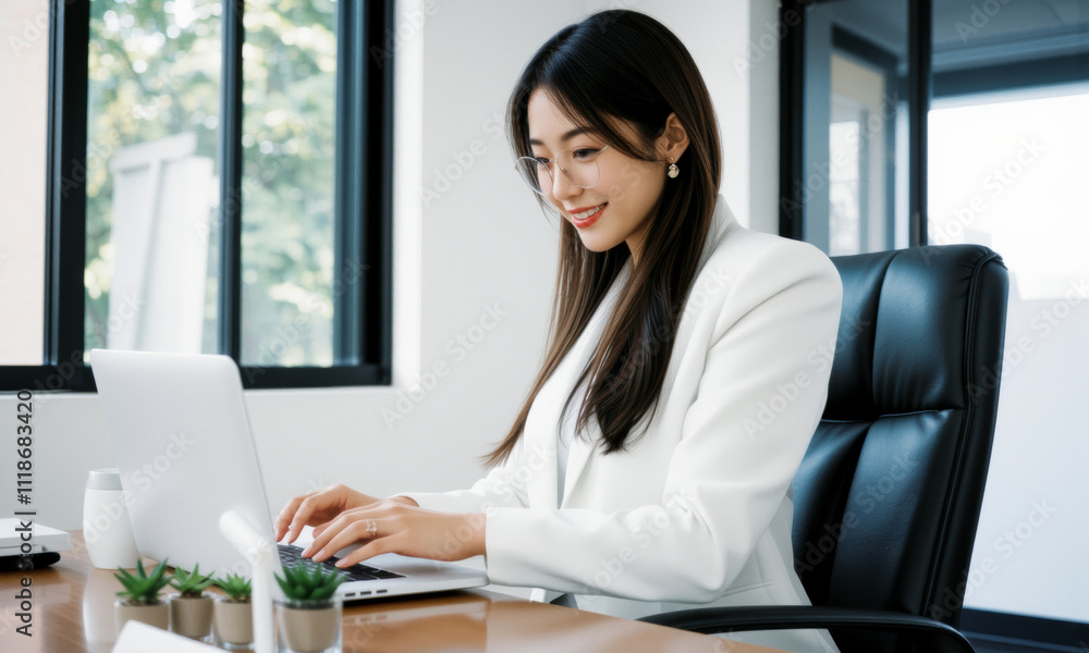 business woman in white suit sitting at desk, working on laptop with smile. office has large windows and small plants on table, creating bright atmosphere business woman in white suit sitting at desk, working on laptop with smile. office has large windows and small plants on table, creating bright atmosphere