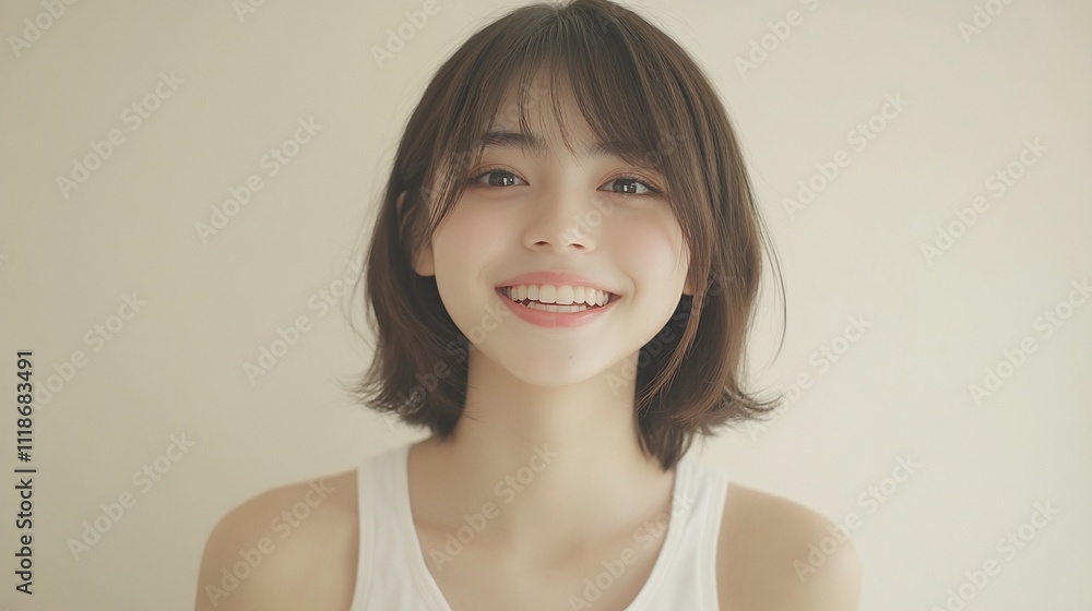A smiling young woman with shoulder-length hair against a light background. A smiling young woman with shoulder-length hair against a light background.