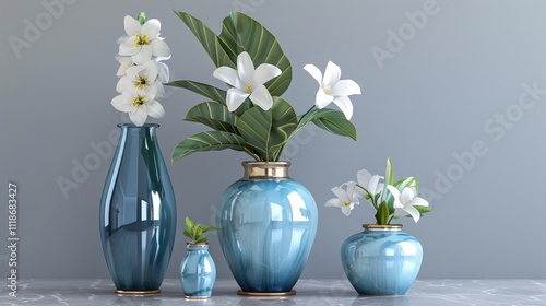 Japanese Ikebana flower arrangements in simple minimalistic Utsuwa Japanese ceramic containers or vases with blue glaze drawings of flowers plants and animals, stunning beautiful exotic flowers like photo