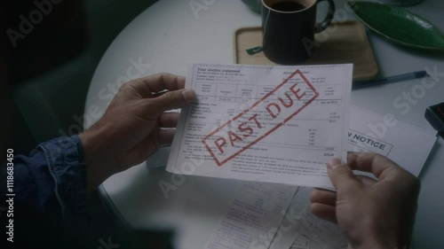 Over shoulder shot of poor anonymous man taking past due bill and eviction notice from table, having financial problems and no money to pay debts