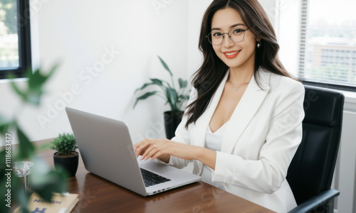 business woman in white suit sitting at desk with laptop, smiling confidently. modern office setting features plants and large windows, creating professional atmosphere