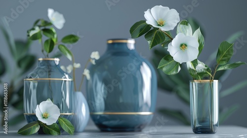 Japanese Ikebana flower arrangements in simple minimalistic Utsuwa Japanese ceramic containers or vases with blue glaze drawings of flowers plants and animals, stunning beautiful exotic flowers like