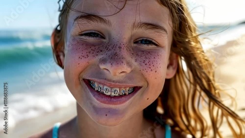 This image shows a happy girl at the beach. She has beautiful freckles and braces. The ocean waves create a serene backdrop. A perfect moment of summer joy. Generative AI
