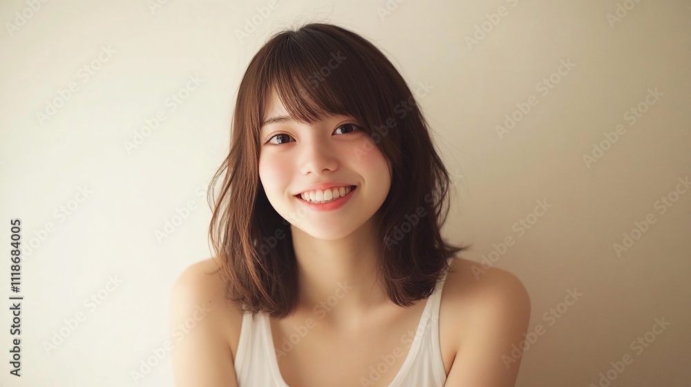 A smiling young woman with shoulder-length hair against a light background. A smiling young woman with shoulder-length hair against a light background.
