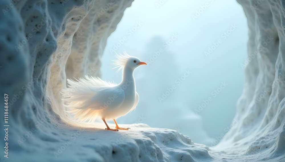 A realistic cinematic white Chinese Loong bird, luminescent horticultural entity with a glowing, ethereal form with white wings behind, standing on the top of a white marble mountain cave A realistic cinematic white Chinese Loong bird, luminescent horticultural entity with a glowing, ethereal form with white wings behind, standing on the top of a white marble mountain cave