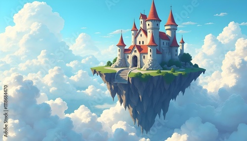 An adventurous sky castle, featuring pixelated secret passages, a pixelated moat, and a pixelated wizard's tower, floating in a dynamic pixelated sky with moving pixel clouds