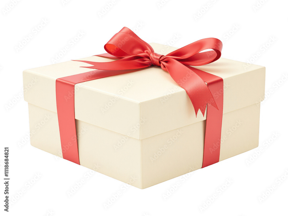 Obraz premium Elegant PNG Transparent Image of Cream-Colored Gift Box with Glossy Red Ribbon Bow - Perfect for Gift-Giving and Holiday Stock Photos