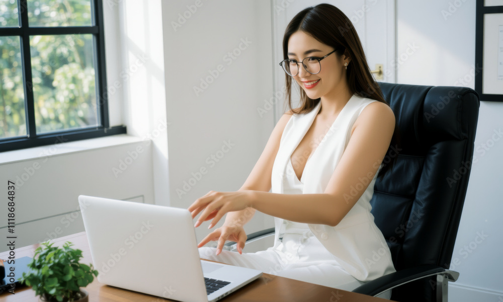 business woman sitting at desk, working on laptop with smile. modern office setting features large windows and small plant business woman sitting at desk, working on laptop with smile. modern office setting features large windows and small plant