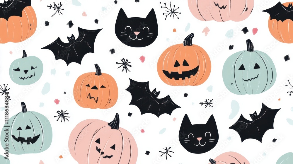 Fototapeta premium A whimsical Halloween-themed pattern featuring pumpkins, bats, and playful cats.